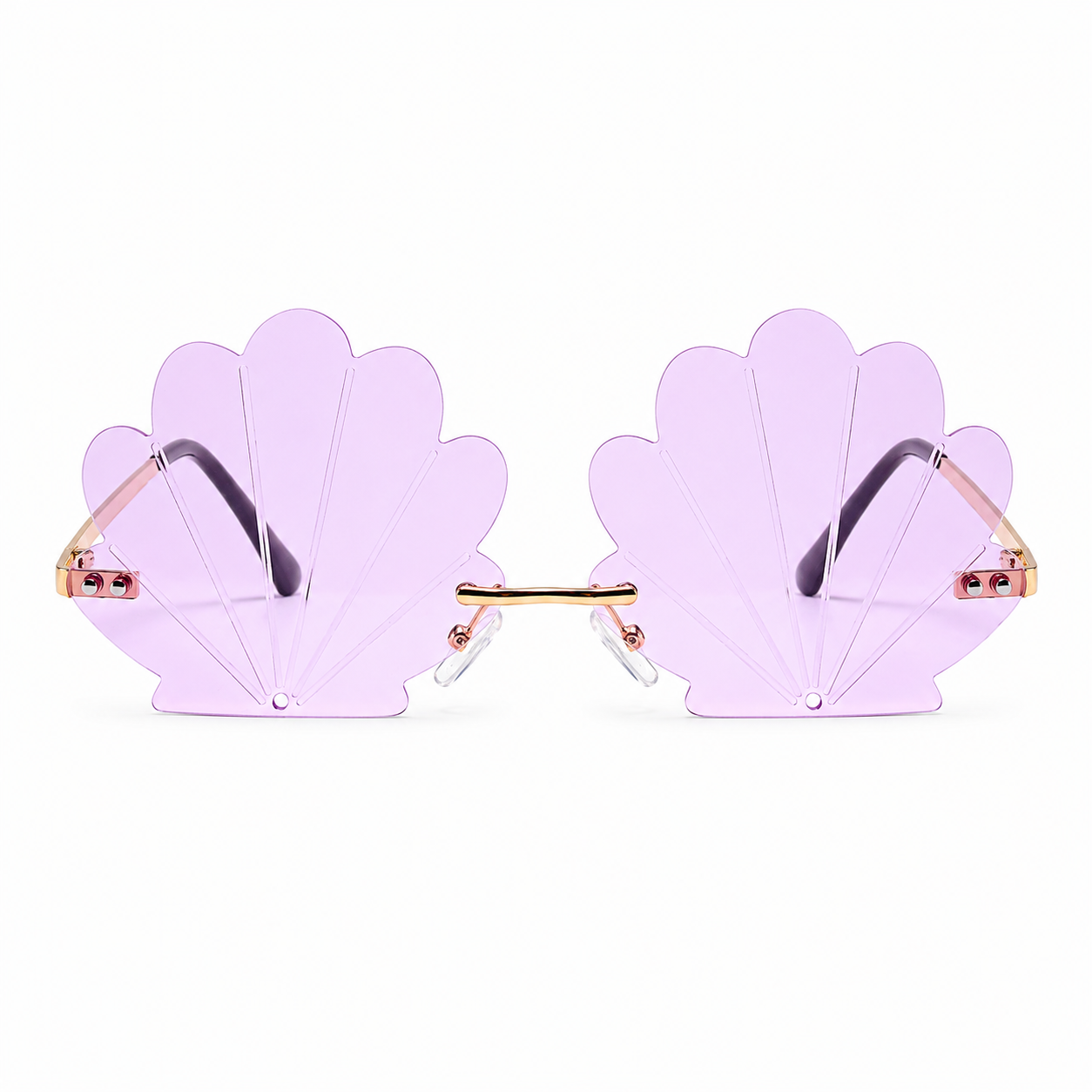 Lilac mermaid shell festival sunglasses angled side view showing shell shape and gold frame