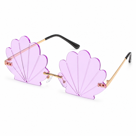 Lilac mermaid shell festival sunglasses front view with gold detailing by WonkiWear