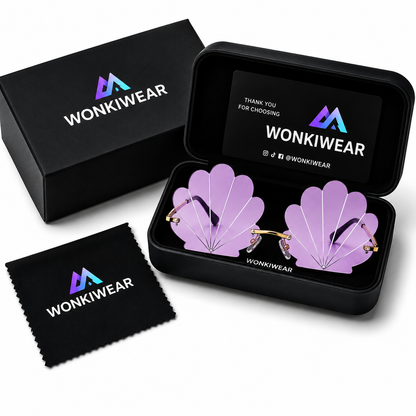 Lilac mermaid shell festival sunglasses in premium WonkiWear gift box with cleaning cloth