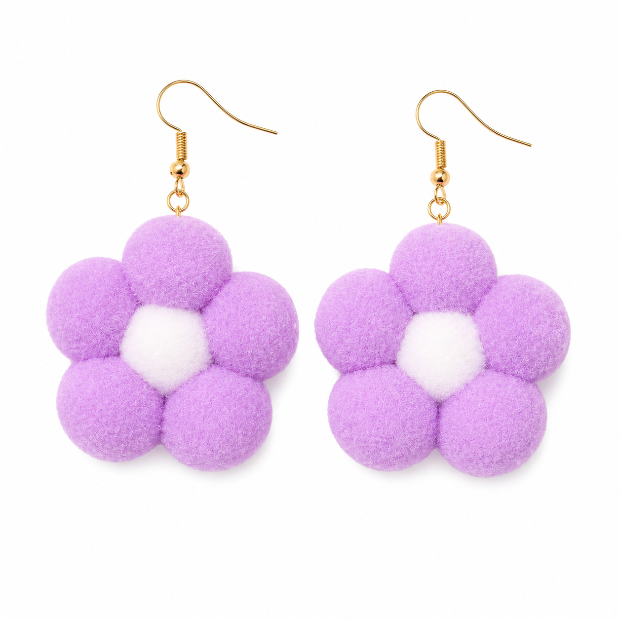 Lilac and white handmade pompom daisy flower drop statement earrings