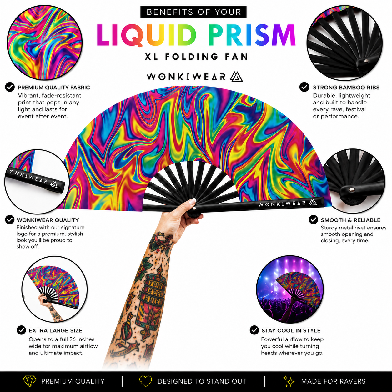 Benefits infographic highlighting the premium fabric, bamboo ribs, airflow and XL size of the Liquid Prism festival fan.