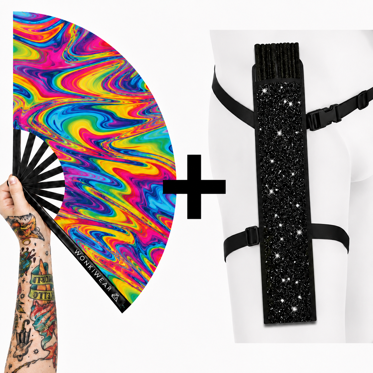 WonkiWear Liquid Prism XL folding fan with optional black glitter festival fan holster.