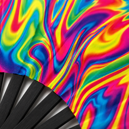 Close-up of the premium fabric showing the colourful Liquid Prism psychedelic print
