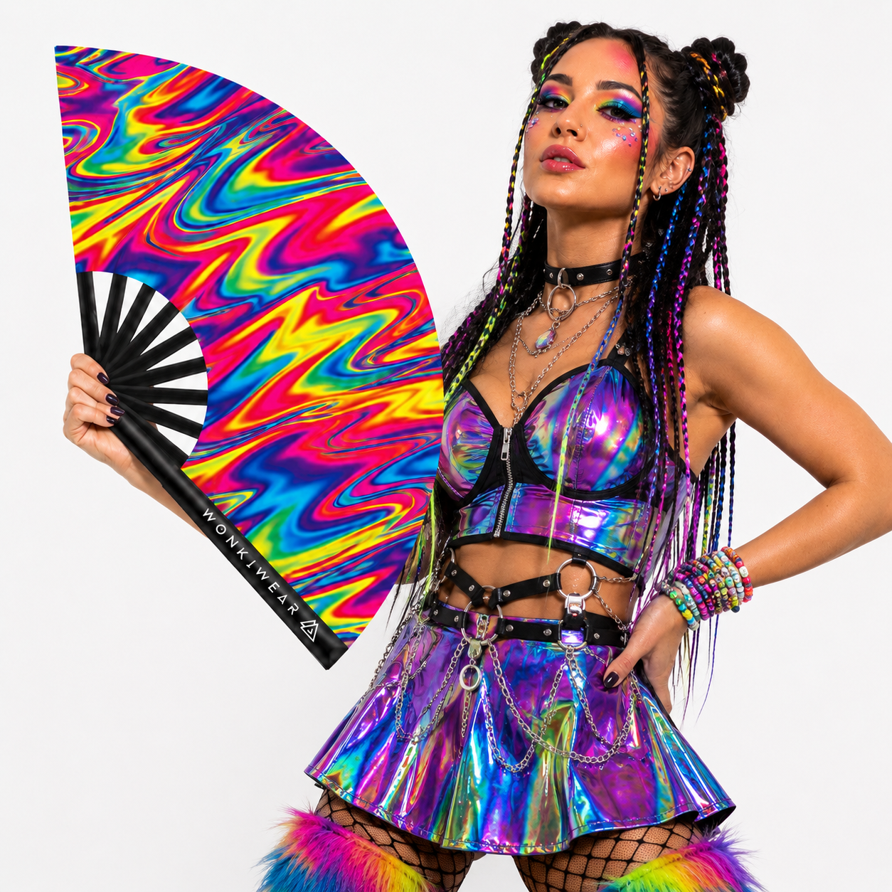 Festival model holding the WonkiWear Liquid Prism XL folding fan during a studio photoshoot.