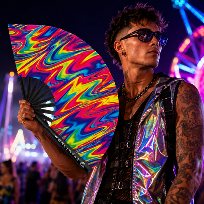 Male festival model using the WonkiWear Liquid Prism psychedelic folding fan.