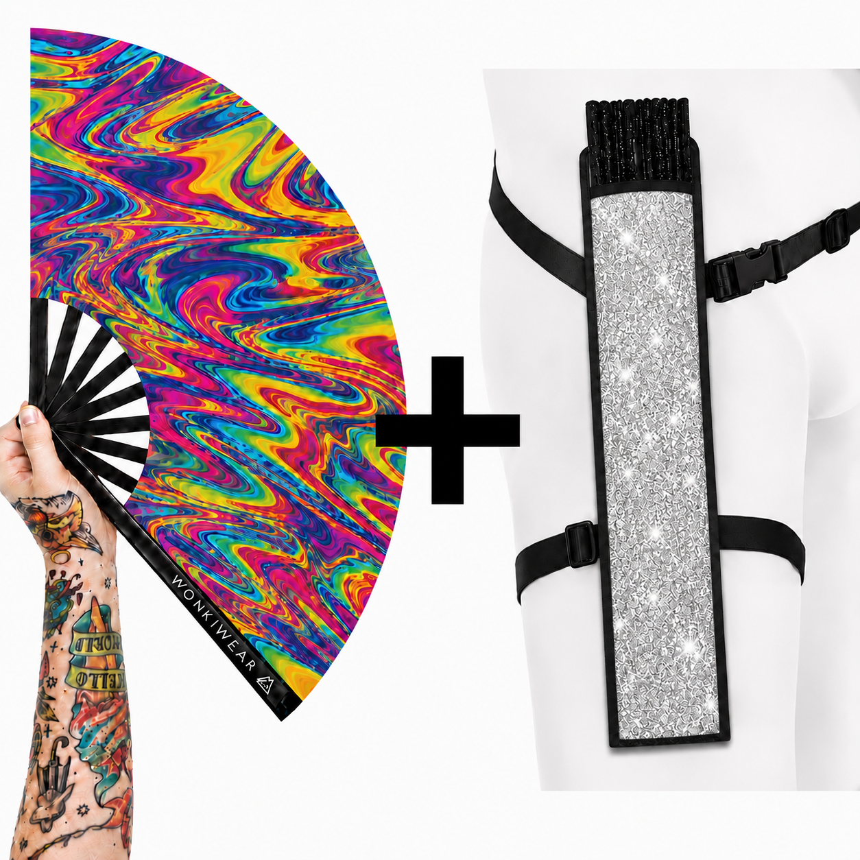 WonkiWear Liquid Prism XL folding fan with optional silver glitter festival fan holster.