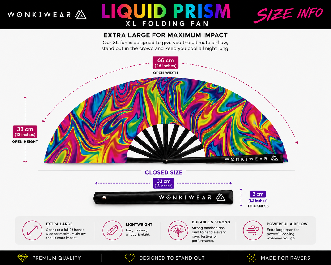 Size guide showing the open and folded dimensions of the WonkiWear Liquid Prism XL folding festival fan.