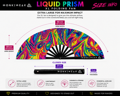 Size guide showing the open and folded dimensions of the WonkiWear Liquid Prism XL folding festival fan.