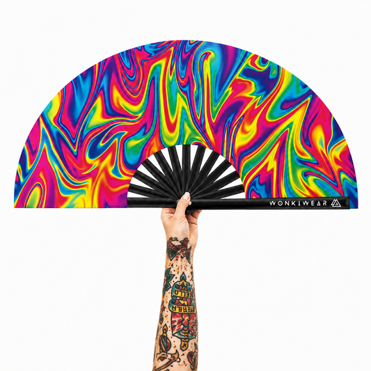 WonkiWear Liquid Prism XL folding festival fan with colourful psychedelic liquid swirl design and black bamboo ribs.
