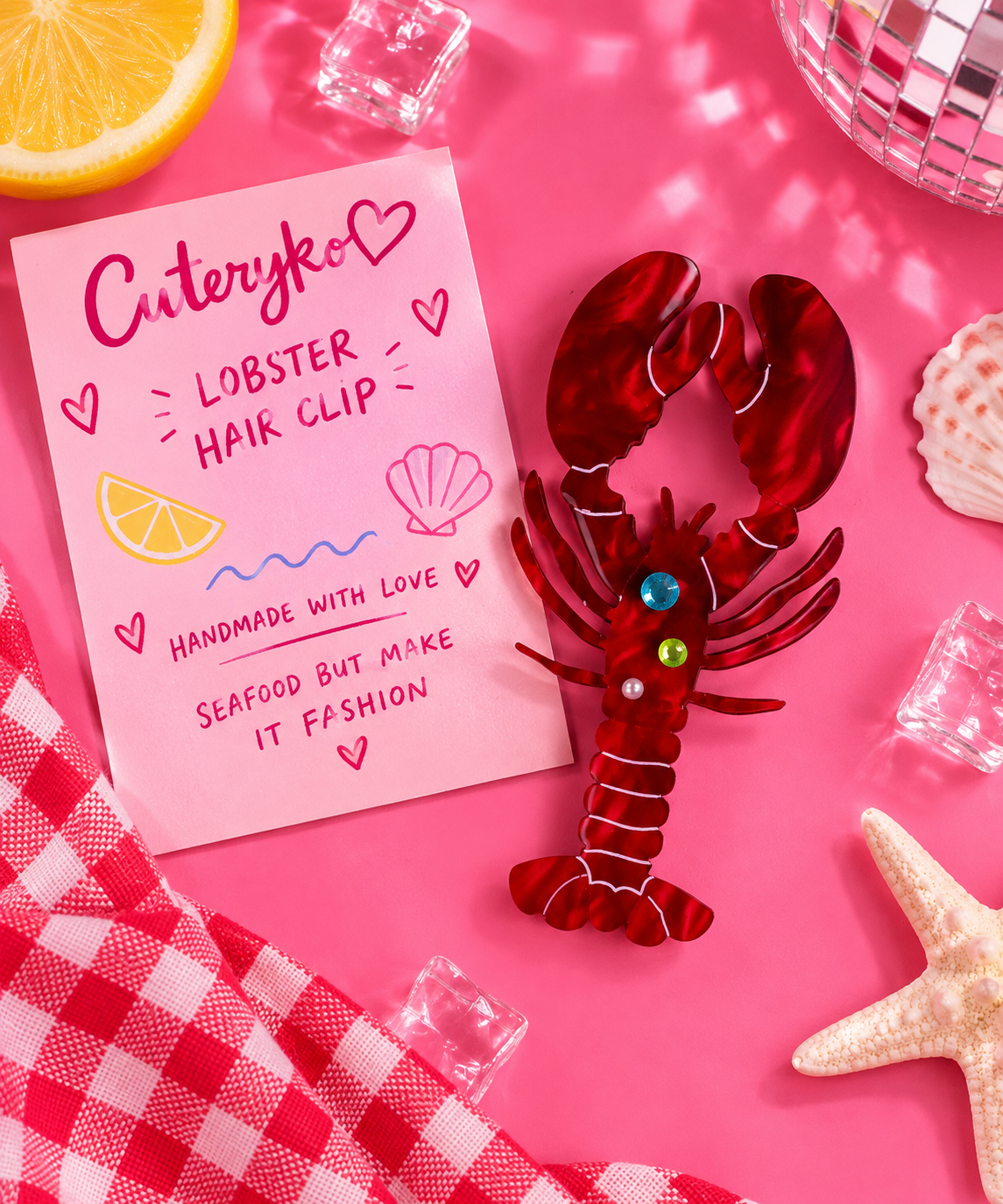 Lobster Hair Clip with glossy red acrylic lobster and colourful gem details by Cuteryko