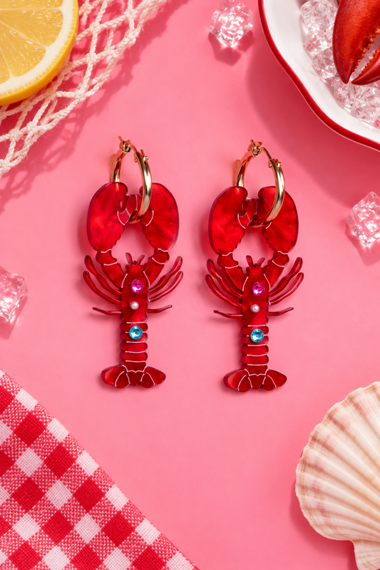 Lobster hoop earrings with bright red acrylic lobster charms and colourful gem details by Cuteryko