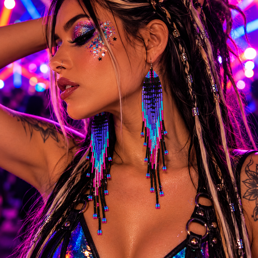 Woman wearing long colourful beaded jellyfish fringe earrings at a neon rave festival 