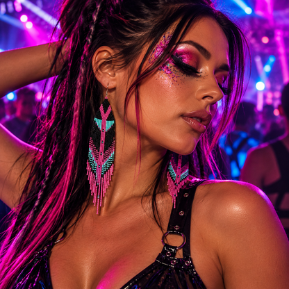 Long pink, black and blue beaded tassel earrings worn by a woman at a neon rave