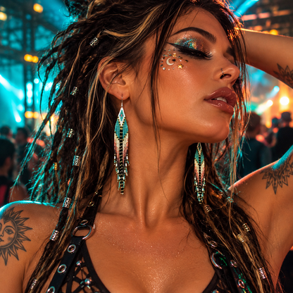 Woman wearing long teal, pink and gold beaded tassel earrings at an underground rave festival