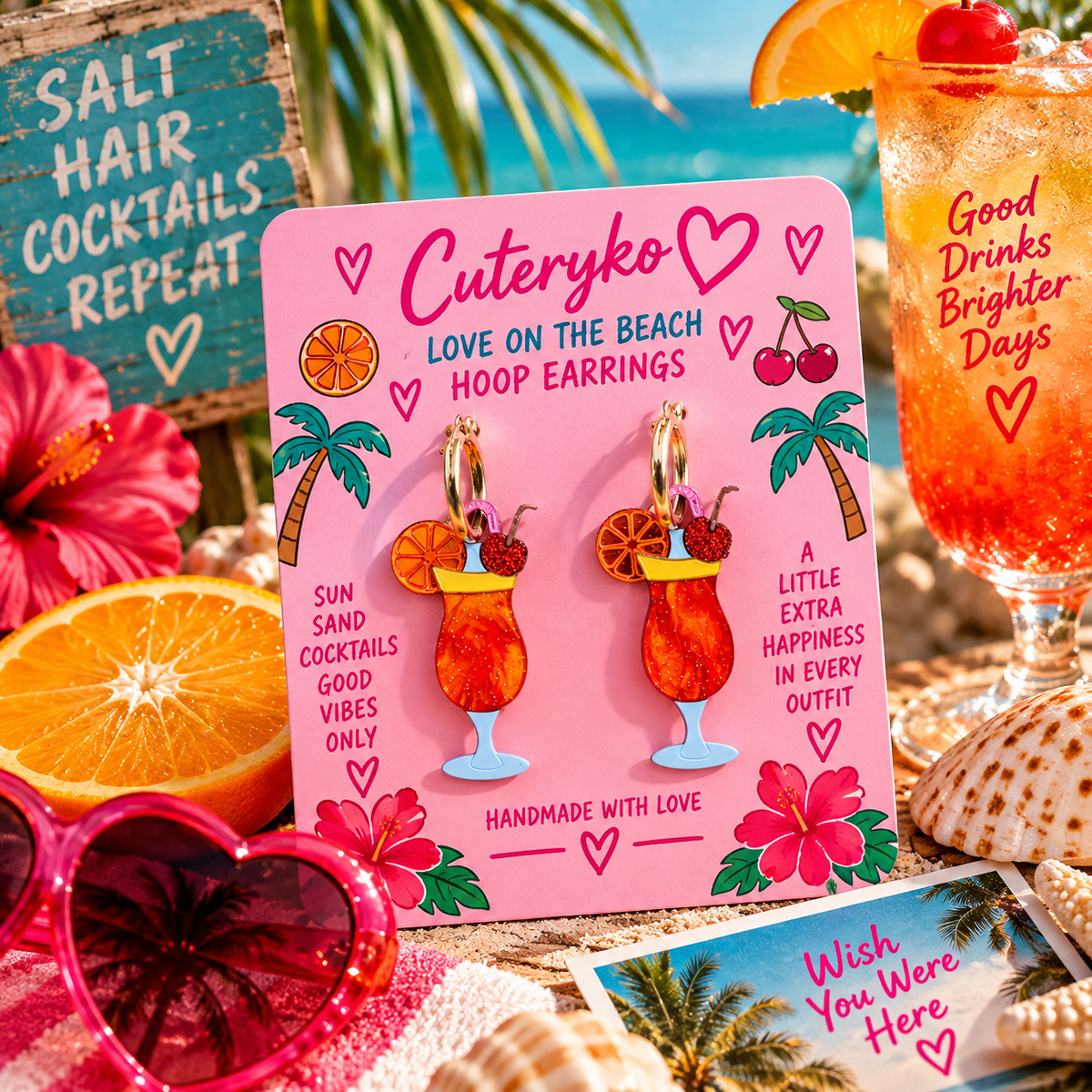 Love on the Beach hoop earrings with sparkling tropical cocktail, orange slice and red heart cherry charms by Cuteryko