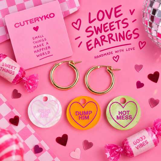 Love Sweets hoop earrings with three colourful heart charms reading Hug Me Dump Him and Hot Mess by Cuteryko