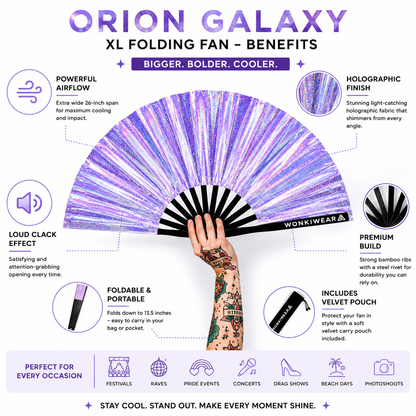 Luna Galaxy XL festival fan benefits including airflow, holographic finish and portability