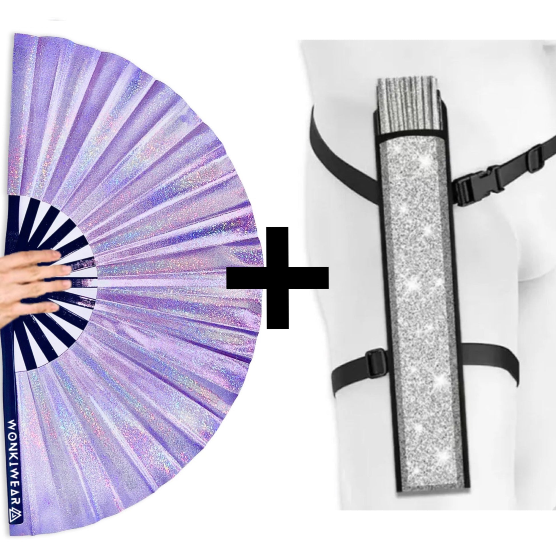 Luna Galaxy holographic lilac fan with optional festival fan silver holster bundle