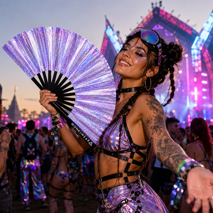 Festival model holding Luna Galaxy holographic lilac XL hand fan