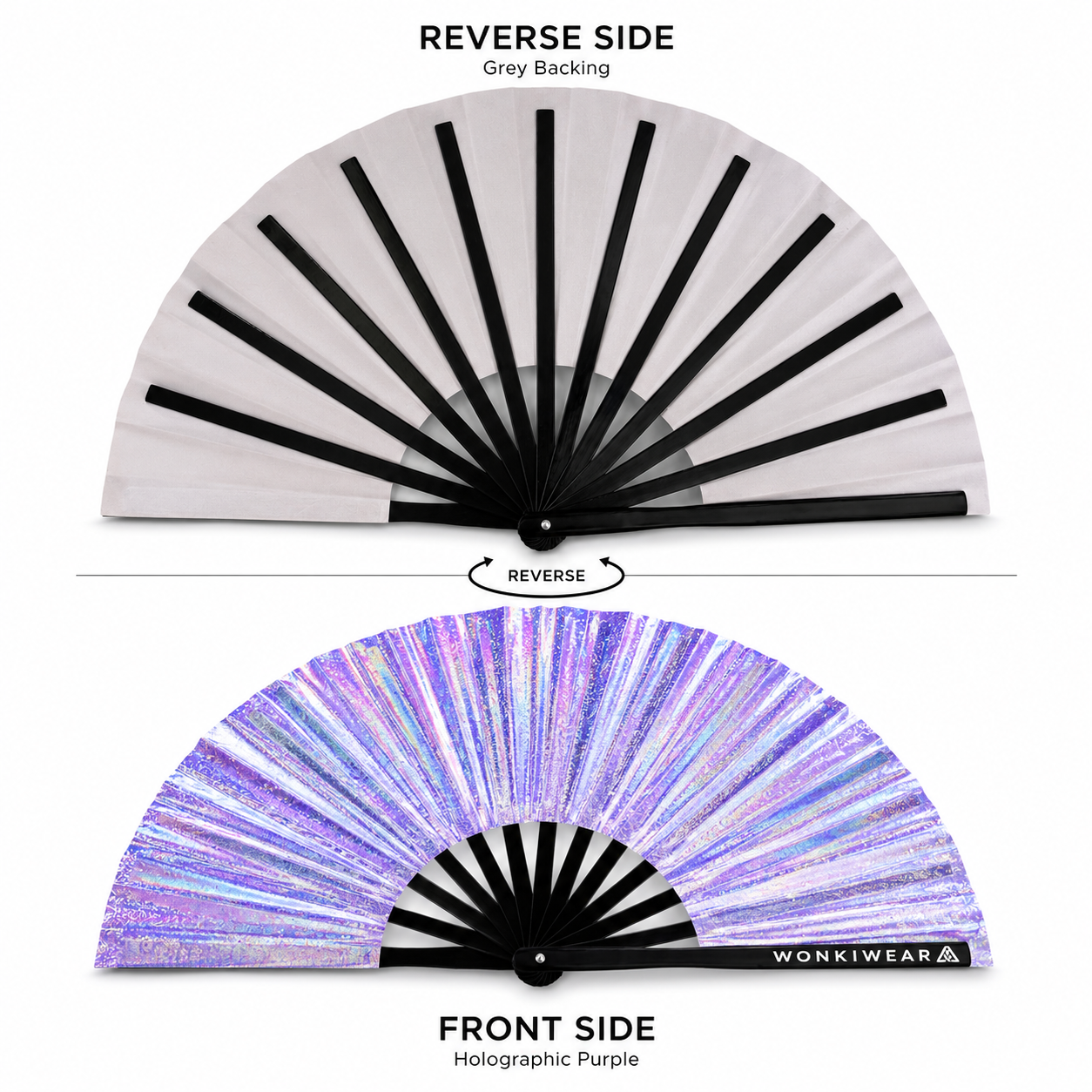 Reverse side of Luna Galaxy XL fan showing grey backing and black bamboo ribs