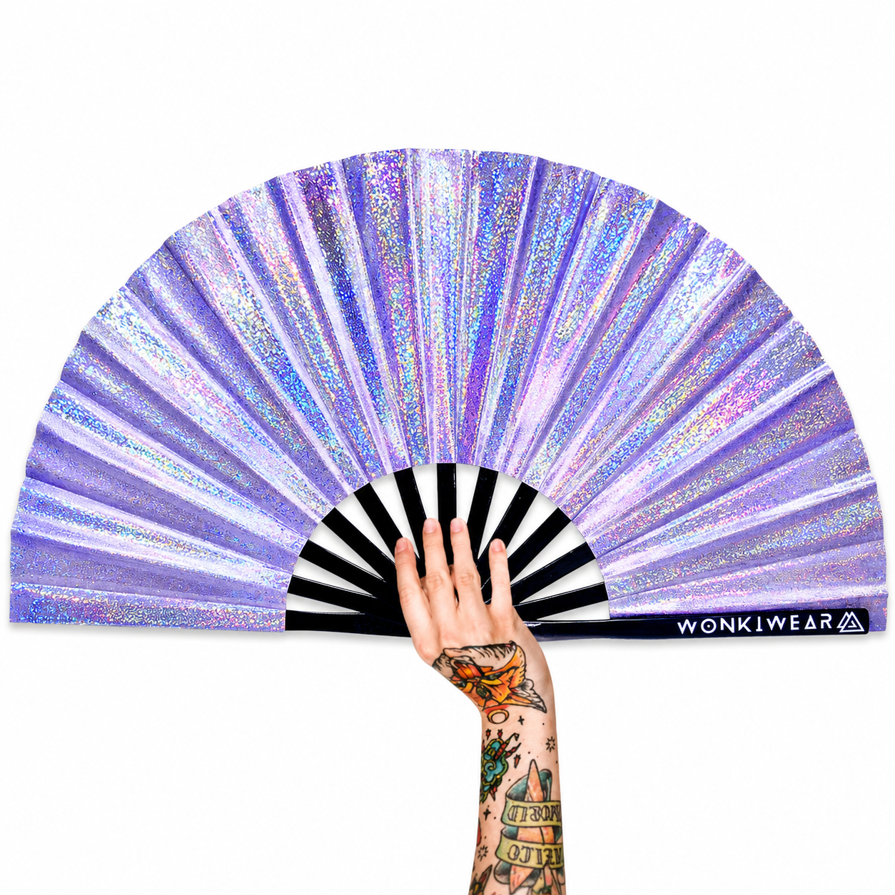 Luna Galaxy XL holographic lilac festival fan with colour-shifting iridescent finish