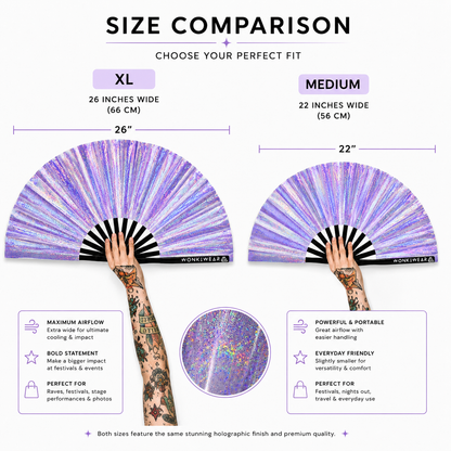 Size comparison between XL and medium Luna Galaxy folding hand fans