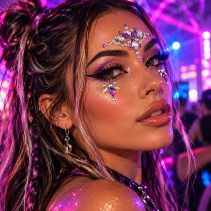 Woman wearing Maia pink festival face jewels at a neon rave