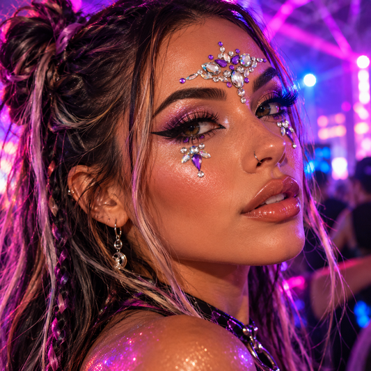 Woman wearing Maia pink festival face jewels at a neon rave