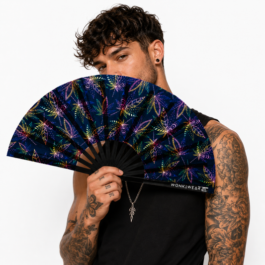 Male model holding large UV reactive folding festival fan by WonkiWear