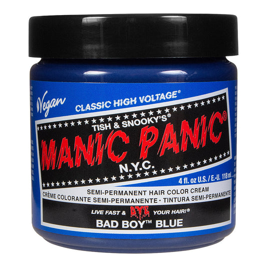 Manic Panic Bad Boy Blue Classic High Voltage vibrant denim blue semi-permanent hair dye with blue colour swatch