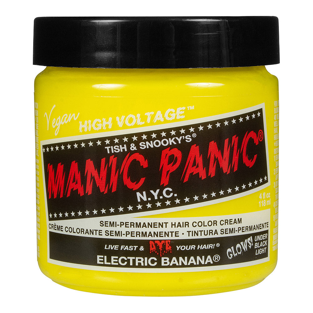 Manic Panic Electric Banana Classic High Voltage neon yellow UV reactive semi-permanent hair dye with vibrant yellow colour swatch