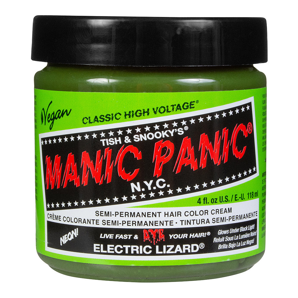 Manic Panic Electric Lizard Classic High Voltage neon green UV reactive semi-permanent hair dye with vibrant green colour swatch