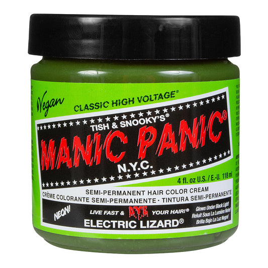 Manic Panic Electric Lizard Classic High Voltage neon green UV reactive semi-permanent hair dye with vibrant green colour swatch