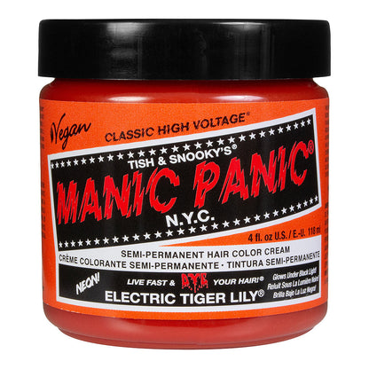 Manic Panic Electric Tiger Lily Classic High Voltage vibrant orange UV reactive semi-permanent hair dye with orange colour swatch