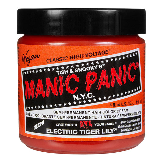 Manic Panic Electric Tiger Lily Classic High Voltage vibrant orange UV reactive semi-permanent hair dye with orange colour swatch