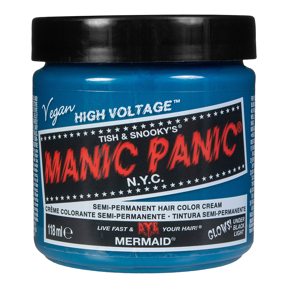 Manic Panic Mermaid Classic High Voltage ocean teal UV reactive semi-permanent hair dye with vibrant blue-green colour swatch