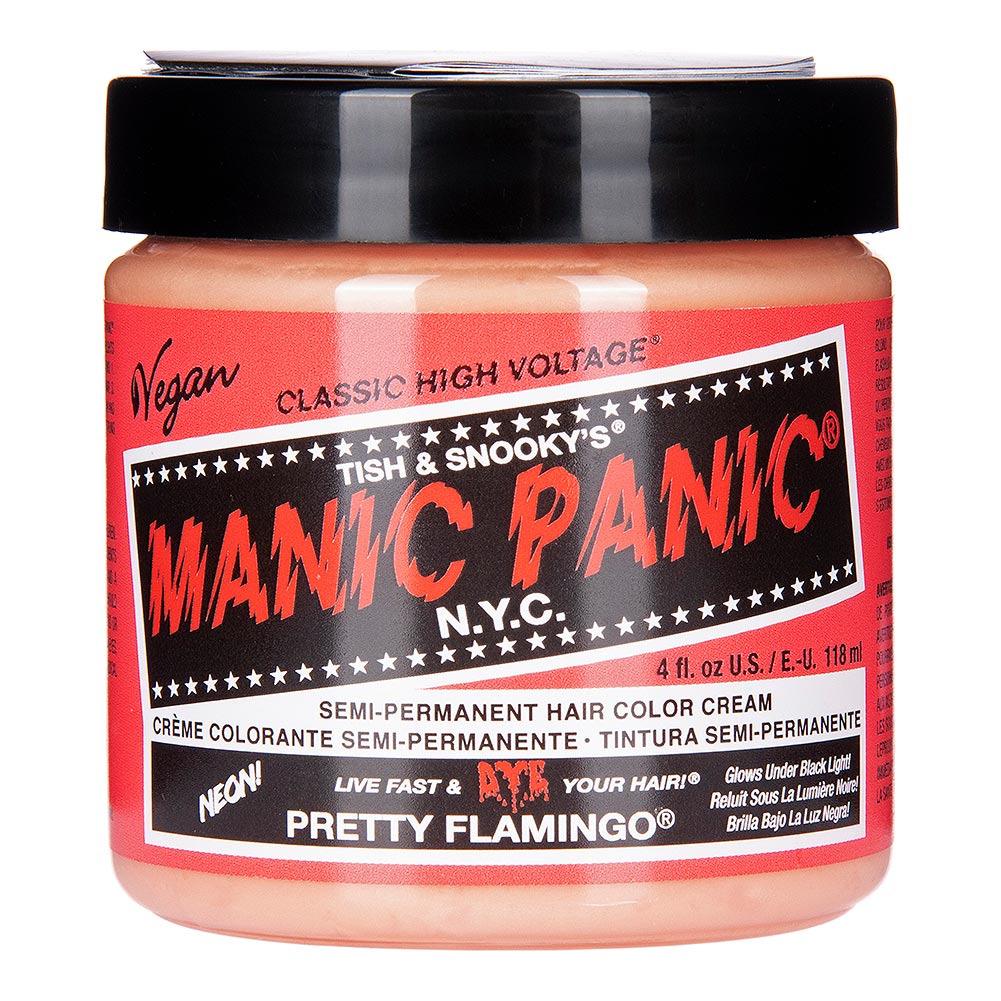 Manic Panic Pretty Flamingo Classic High Voltage UV reactive pink semi-permanent hair dye with warm peachy pink colour swatch