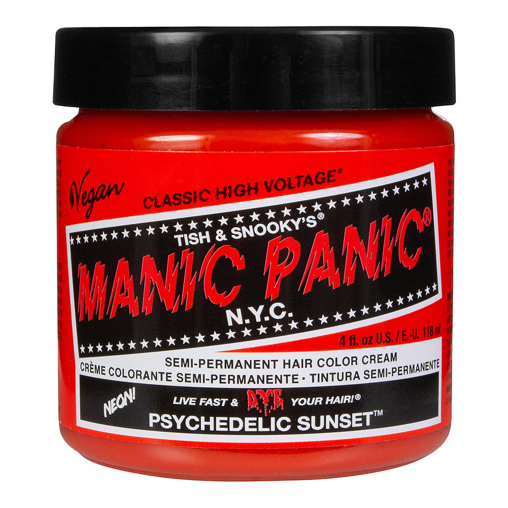 Manic Panic Psychedelic Sunset Classic High Voltage vibrant neon orange semi-permanent hair dye with bright orange colour swatch