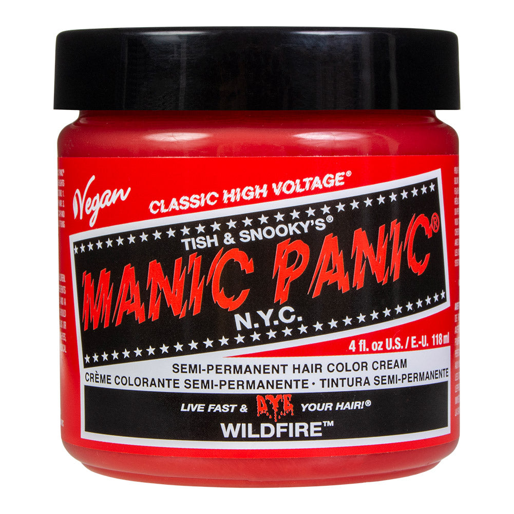 Manic Panic Wildfire Classic High Voltage vibrant red-orange UV reactive semi-permanent hair dye with fiery red colour swatch
