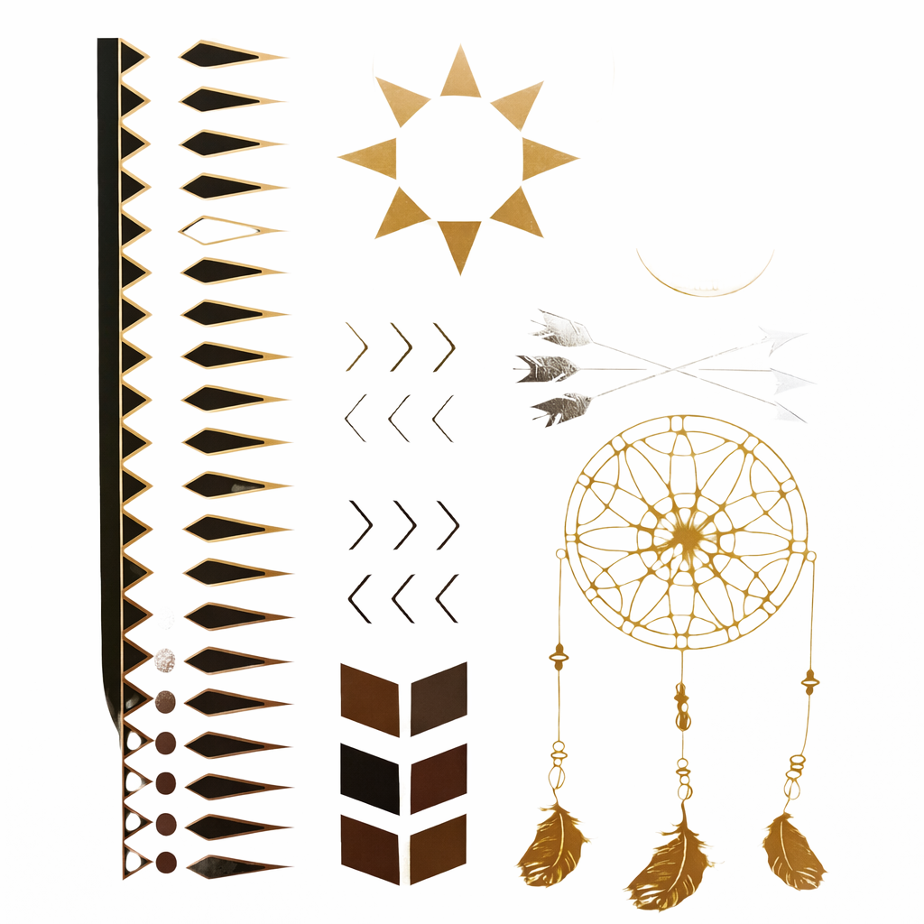 Mantra temporary tattoos metallic gold and black for spiritual festival face and body art
