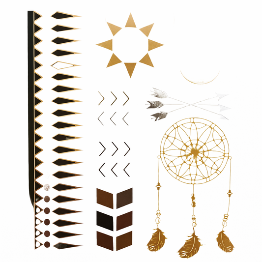 Mantra temporary tattoos metallic gold and black for spiritual festival face and body art