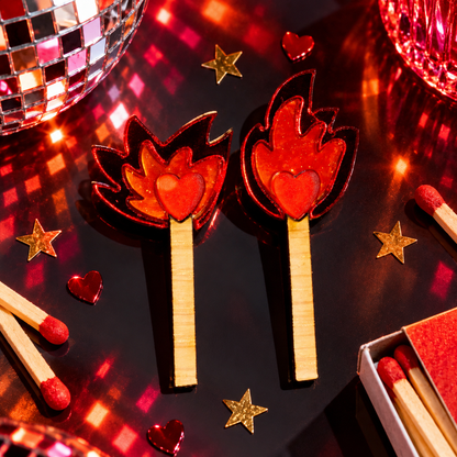 Match Stick Earrings with glittery red and orange flames and heart details by Cuteryko