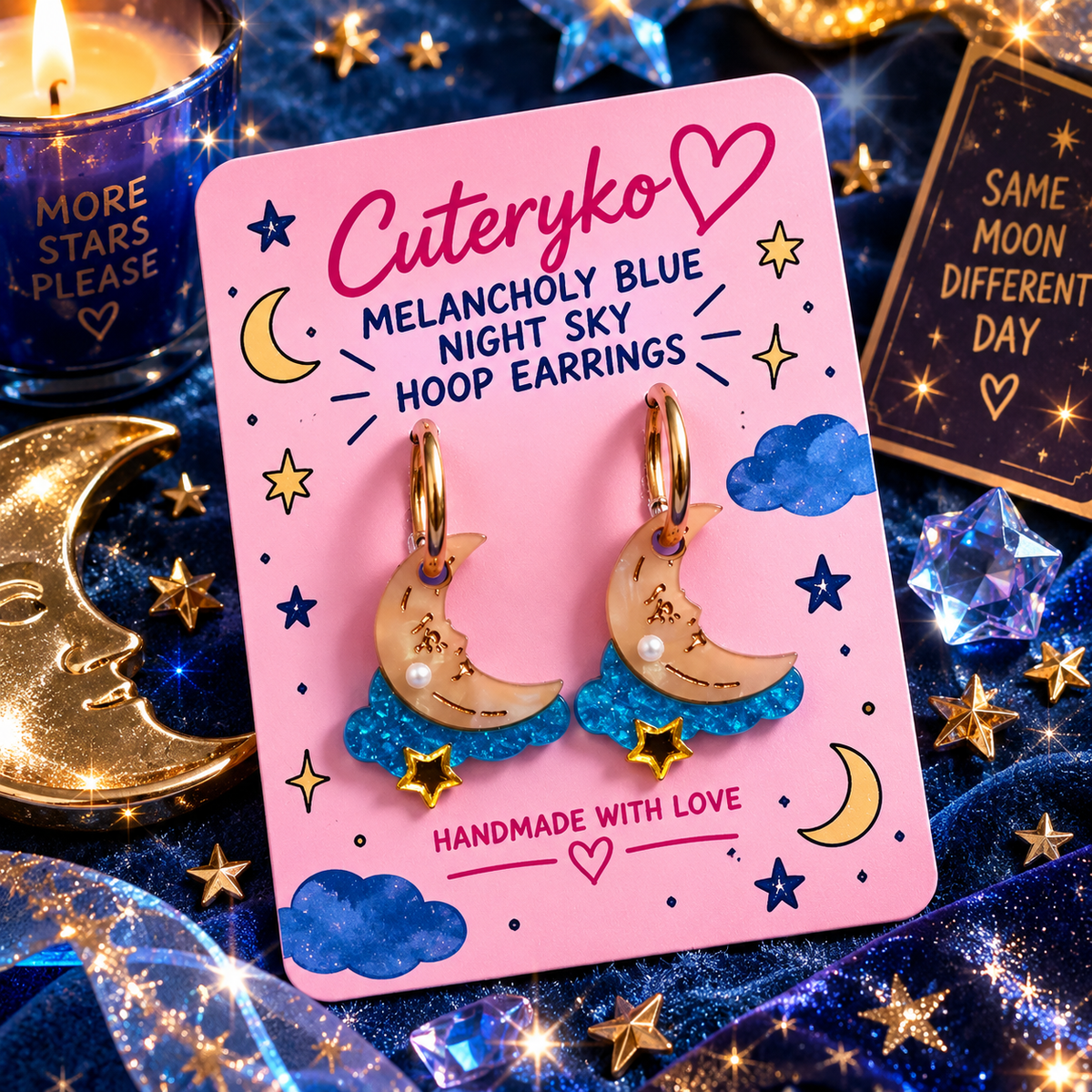 Melancholy Blue Night Sky hoop earrings with pearlescent moon, glittery blue cloud and gold star charms by Cuteryko