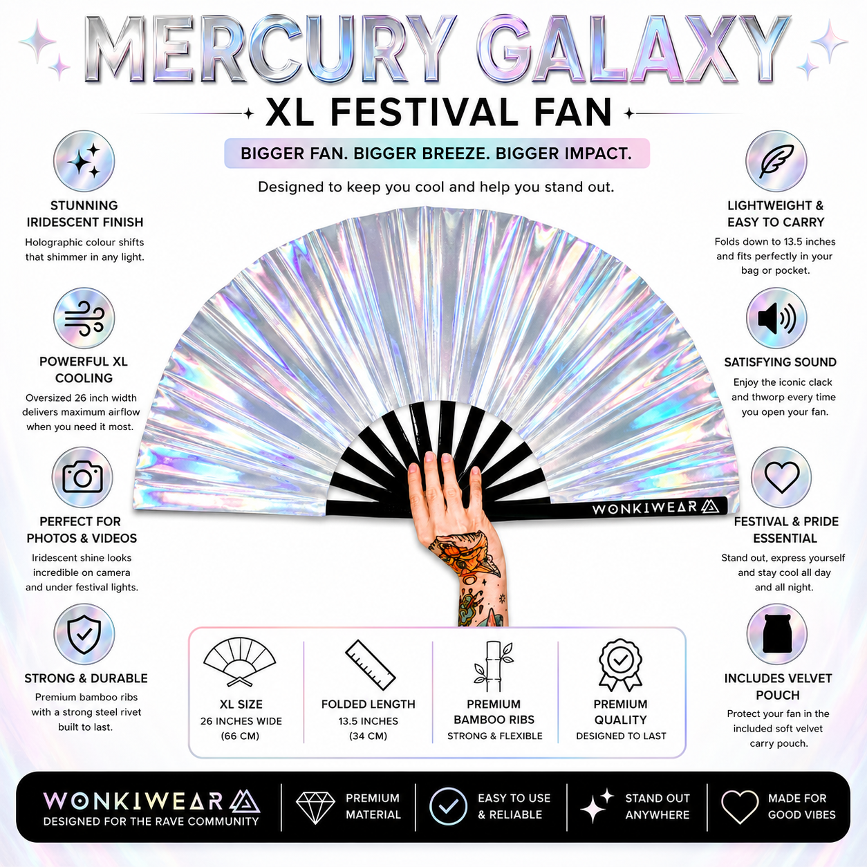 Benefits infographic for Mercury Galaxy XL metallic silver iridescent festival fan