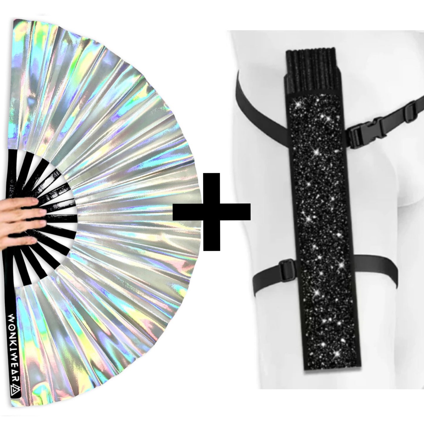 Mercury Galaxy XL metallic silver iridescent festival fan with black shimmer holster bundle