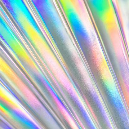 Close-up of Mercury Galaxy festival fan showing metallic silver iridescent rainbow reflections