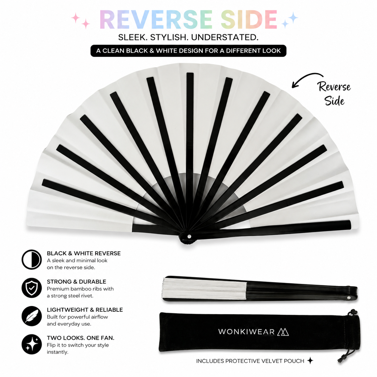 Reverse side of Mercury Galaxy XL festival fan showing black and white rear design