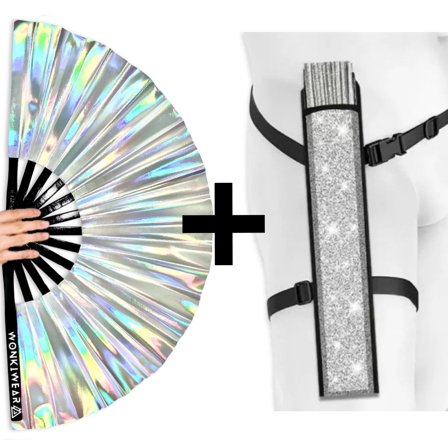 Mercury Galaxy XL metallic silver iridescent festival fan with silver shimmer holster bundle