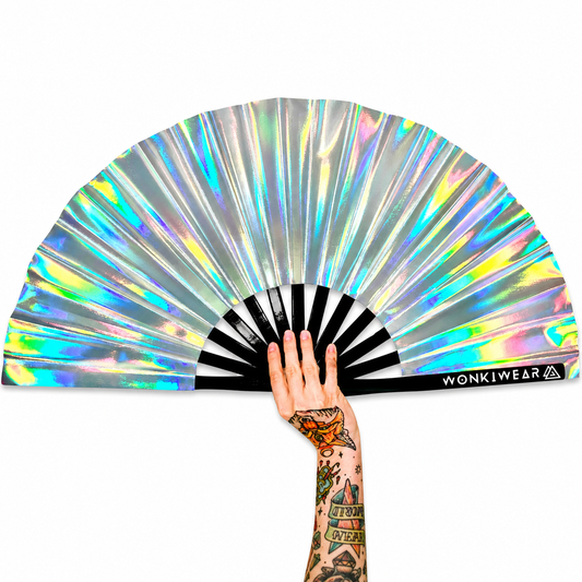 Mercury Galaxy XL metallic silver iridescent festival fan with rainbow colour shifting finish