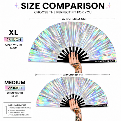 Size comparison showing Mercury Galaxy XL 26 inch fan and medium 22 inch fan